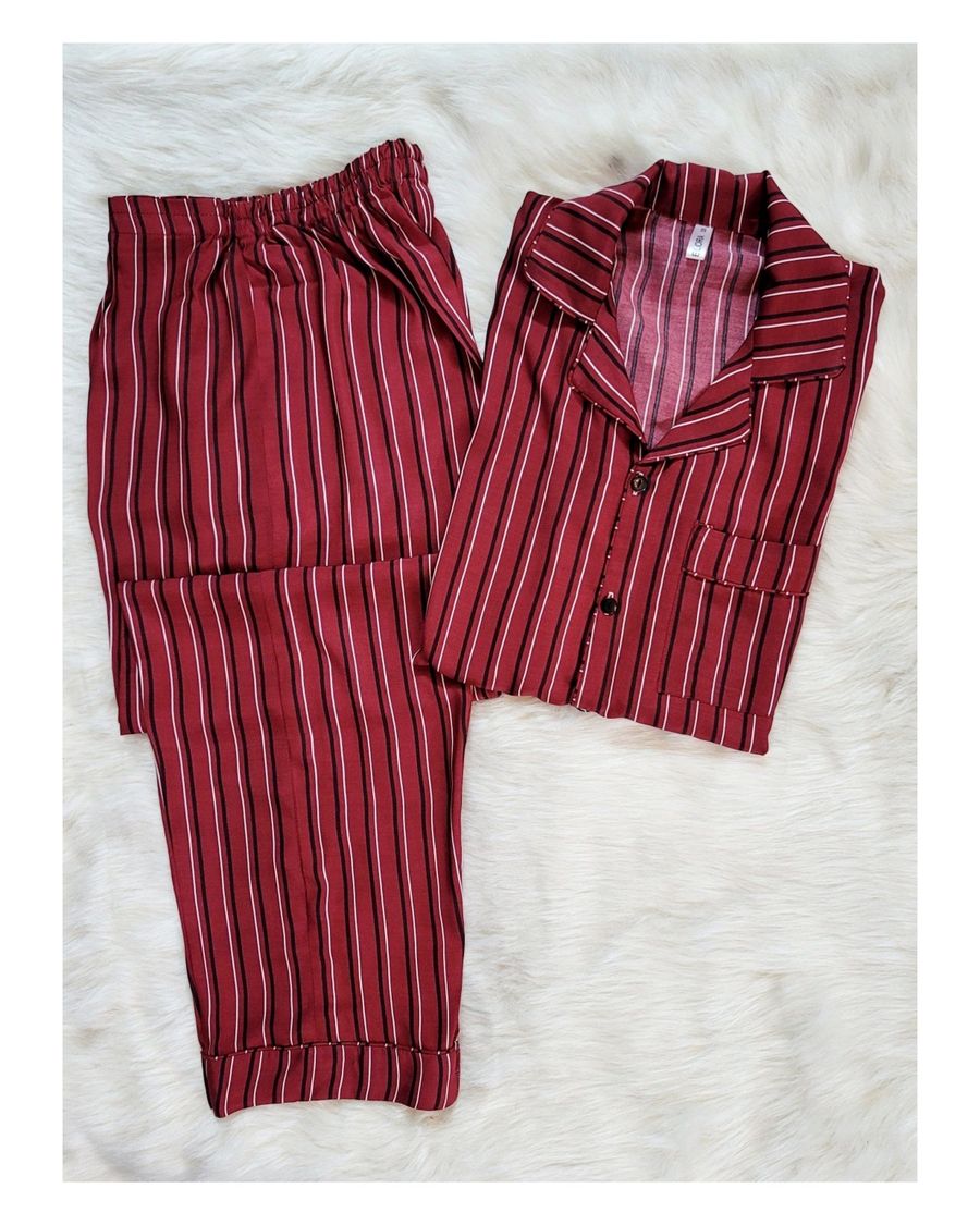 Maroon Striped Linen Loungewear